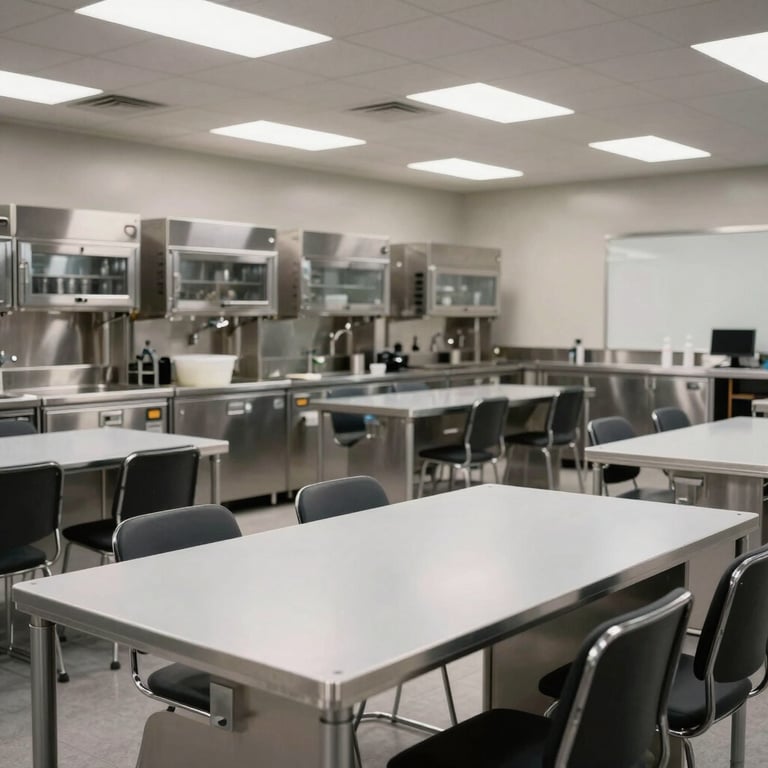 A clean commercial breakroom with stainless steel appliances and spotless tables in a modern US facility.