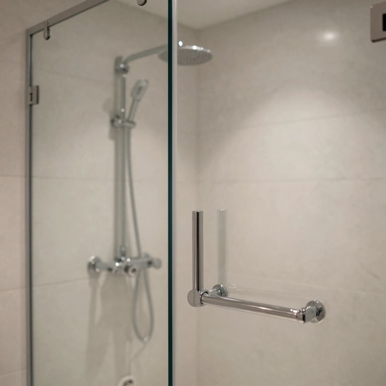 An upscale bathroom featuring a glass shower door and polished chrome fixtures that shine under bright lights.