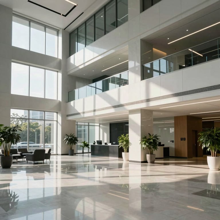 A modern corporate lobby in a US office building with gleaming floors and dust-free surfaces, bathed in morning light.