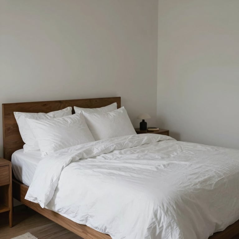 A minimalist North American bedroom with crisp white linens and an organized, serene atmosphere.