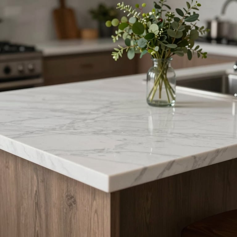 A close-up of a perfectly cleaned kitchen island with a white marble top and a small vase of greenery.