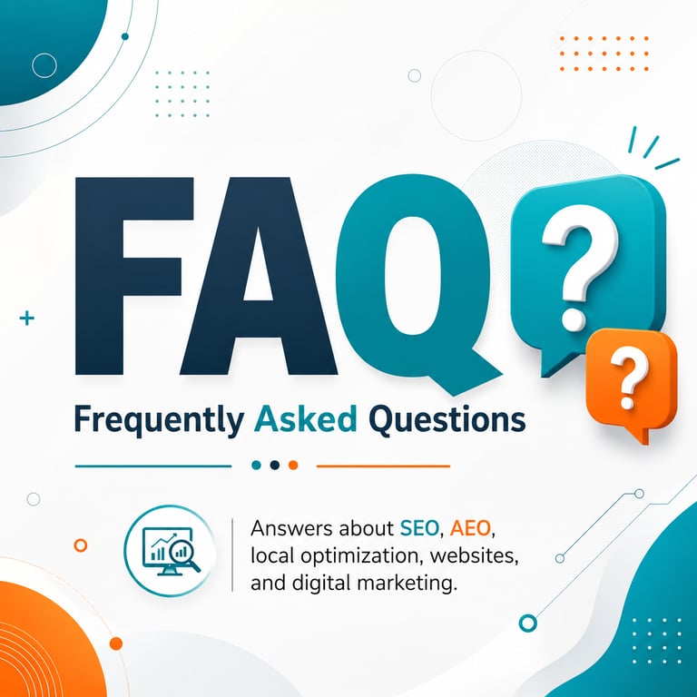 FAQ graphic with speech bubbles for SEO and digital marketing frequently asked questions.