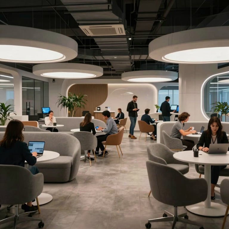 A wide shot of a futuristic lounge area in a Turkish tech startup, featuring ergonomic furniture and a collaborative vibe.
