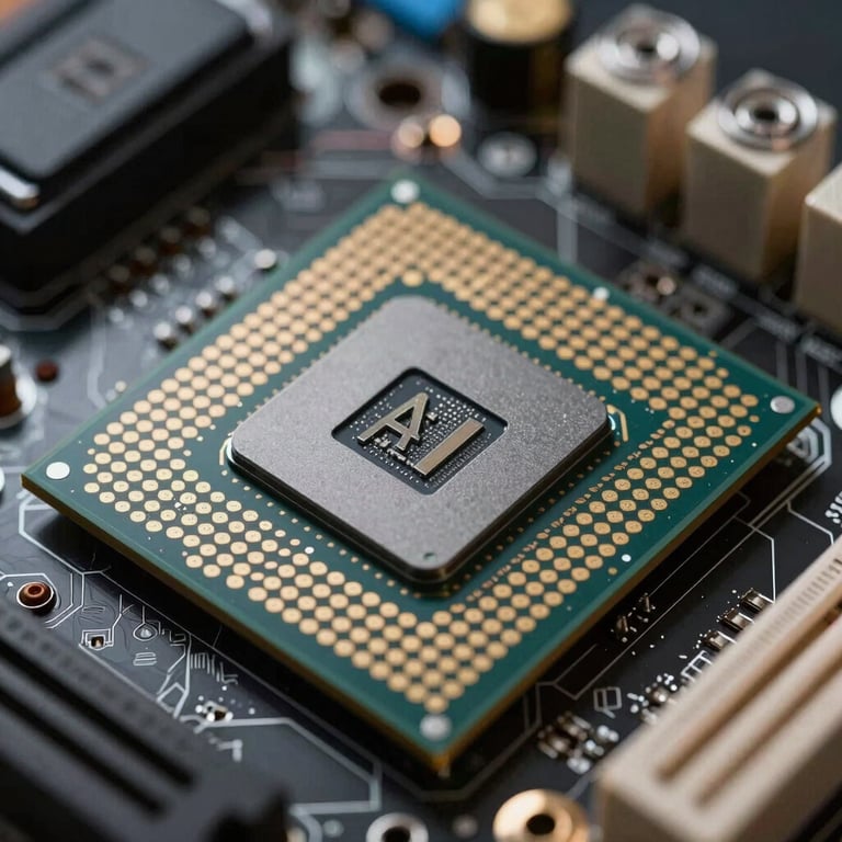 Macro photography of a high-speed processor on a motherboard, symbolizing AI computing power.