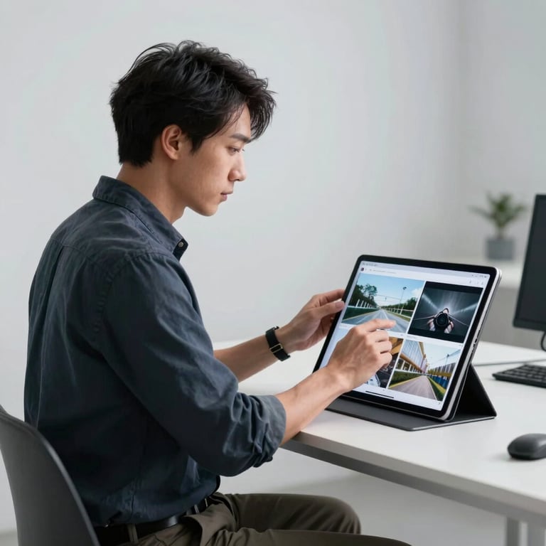 A professional creative director in a minimalist studio reviewing AI-generated video frames on a large tablet.