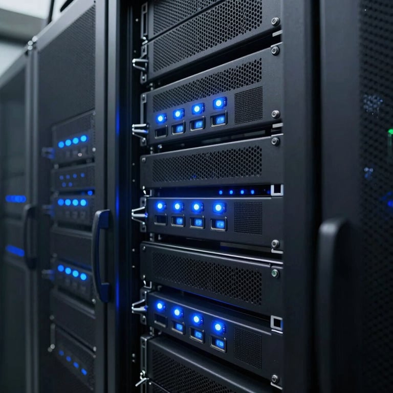 A close-up shot of a high-tech server rack with glowing blue LED lights in a secure facility in Turkey.