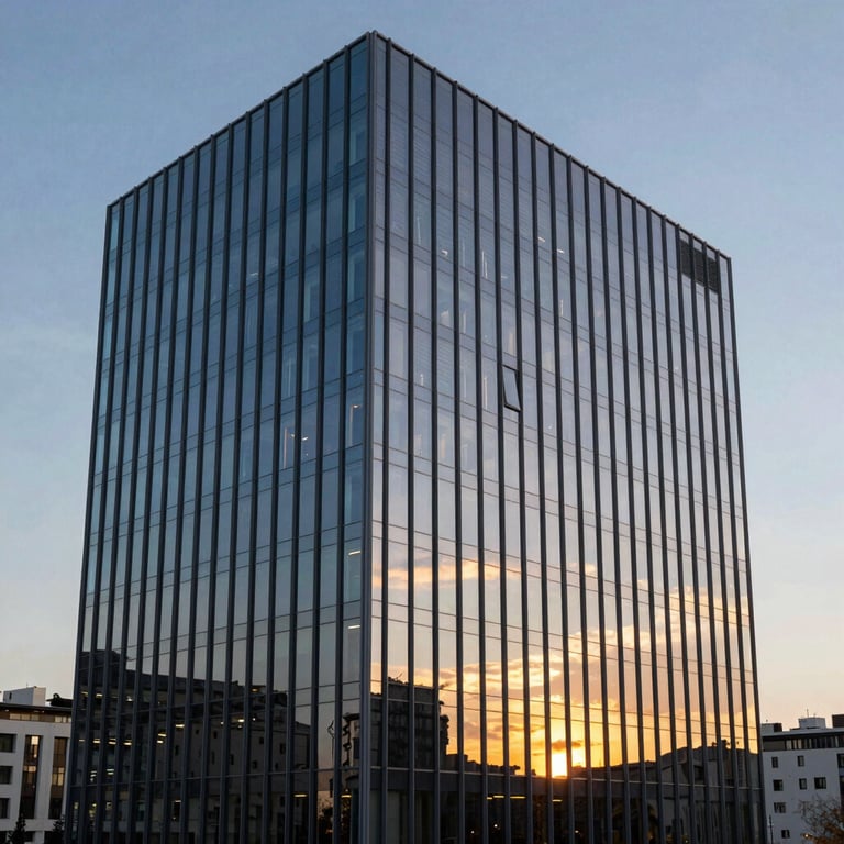 An architecturally modern office building in Ankara with a sleek glass facade reflecting the sunset sky.