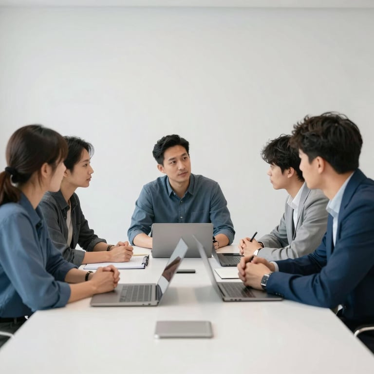 A clean and bright meeting room where tech experts are discussing video algorithms, with a palette of white and slate blue.