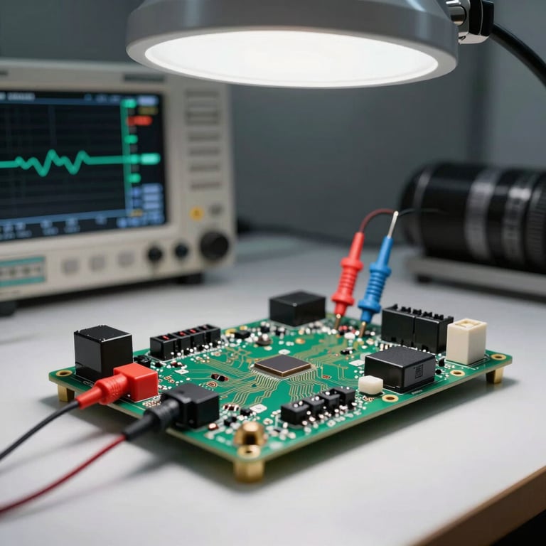 Tight macro shot of a LyanteGAS ECU circuit board under calibration bench lighting — test probes touching trace pads, oscilloscope waveform visible in background, clean white bench surface, studio strobe lighting from above