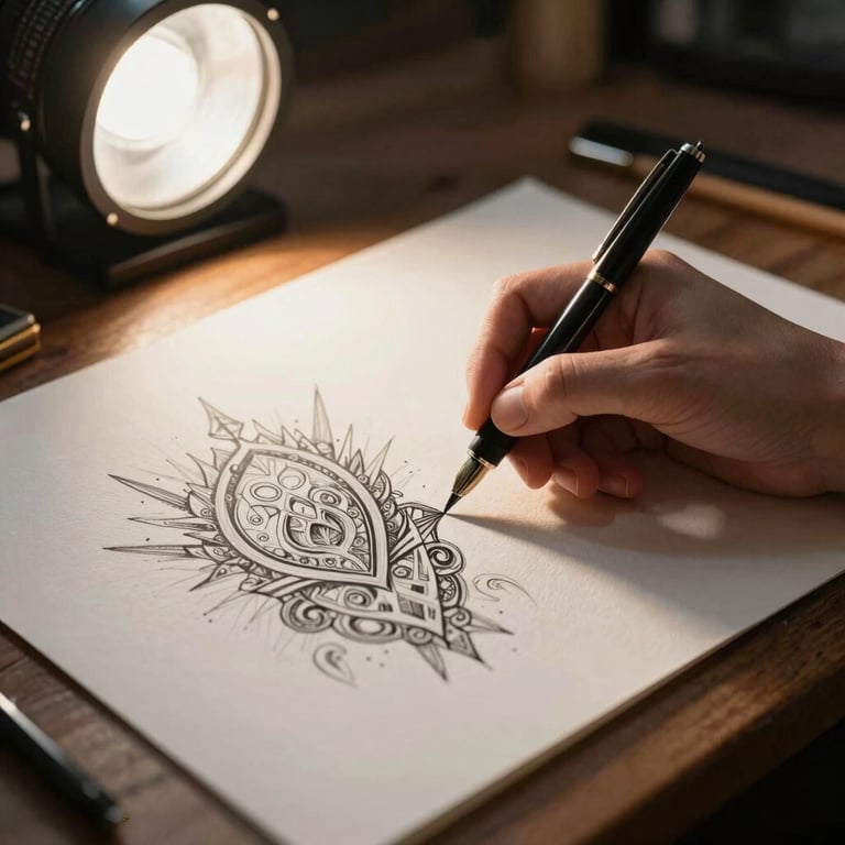 A designer's hands sketching intricate artwork on high-texture watercolor paper with a classic ink pen under warm studio light