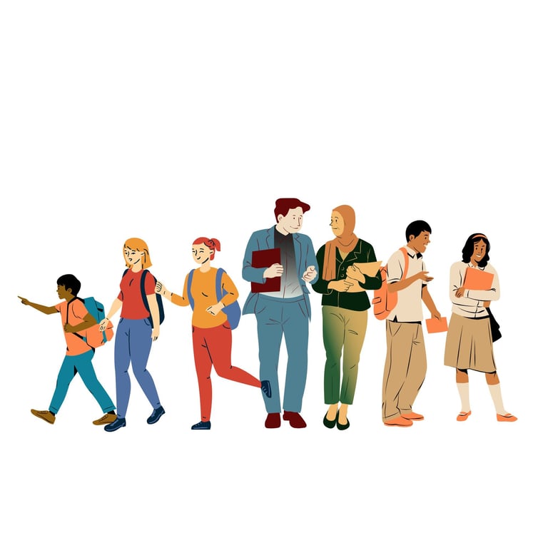 a group of students walking and chatting