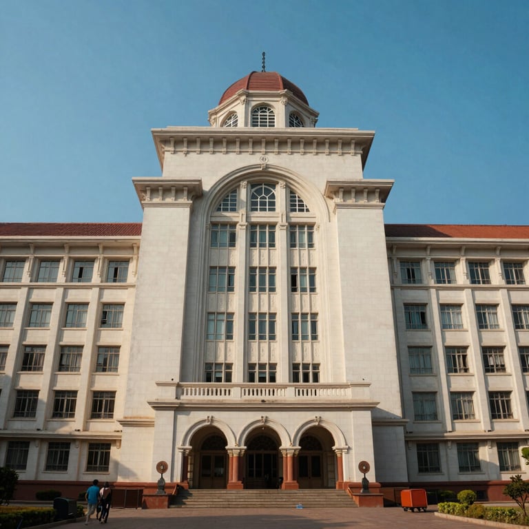 An architectural exterior shot of a prominent Indian university building under a clear blue sky, professional and grand atmosphere.