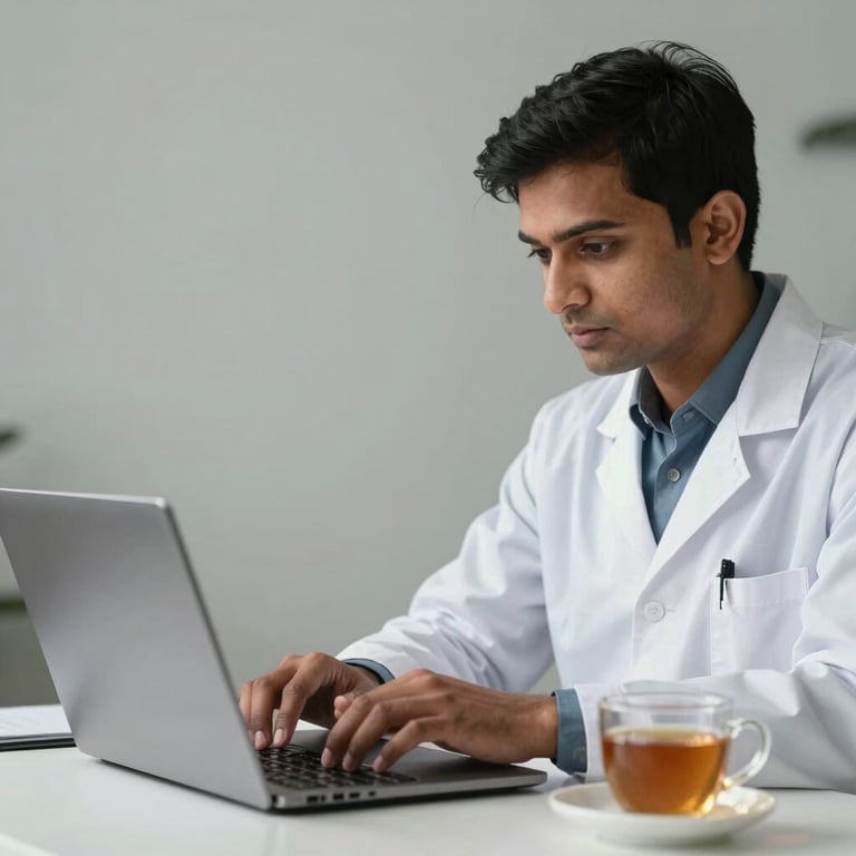 A focused South Asian researcher working on a laptop in a clean, minimal workspace with a cup of tea nearby.