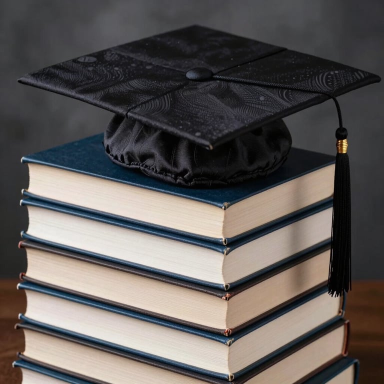 A graduation cap resting on a stack of hardcover thesis books, symbolising academic achievement and integrity.