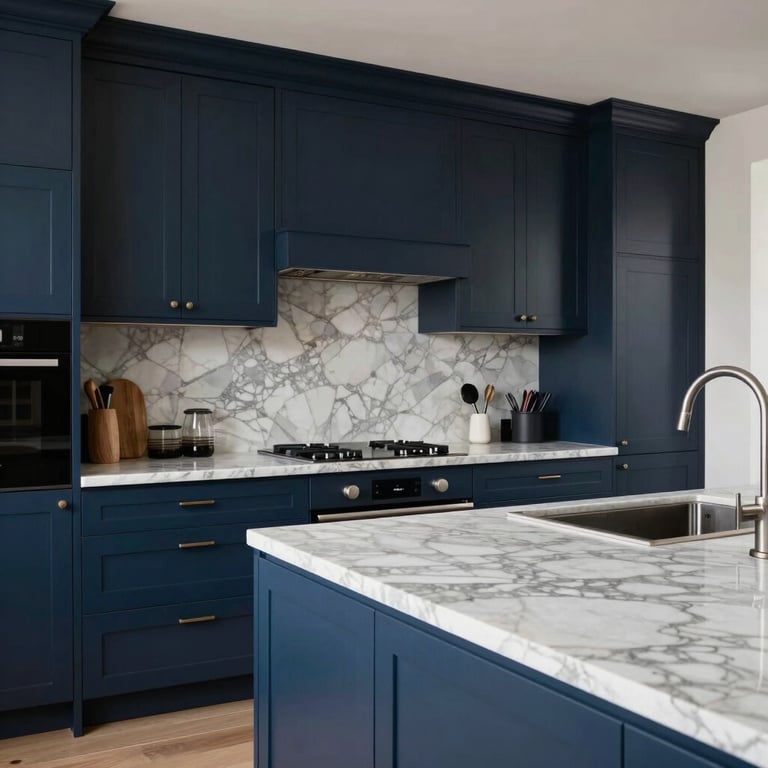 A sleek, modern kitchen with dark blue cabinetry and marble countertops in a Dutch townhouse.