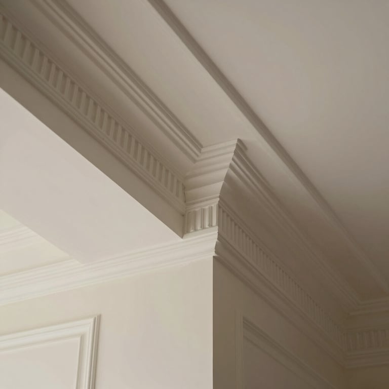 High-end interior painting detail on elegant crown molding in a luxury suite.