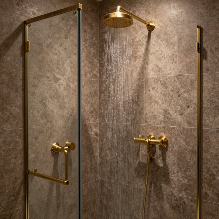 A luxury walk-in rain shower with brass fixtures and muted brown stone tiles.