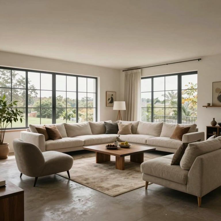 Wide shot of a transformed open-plan living area with bespoke furniture and large windows.