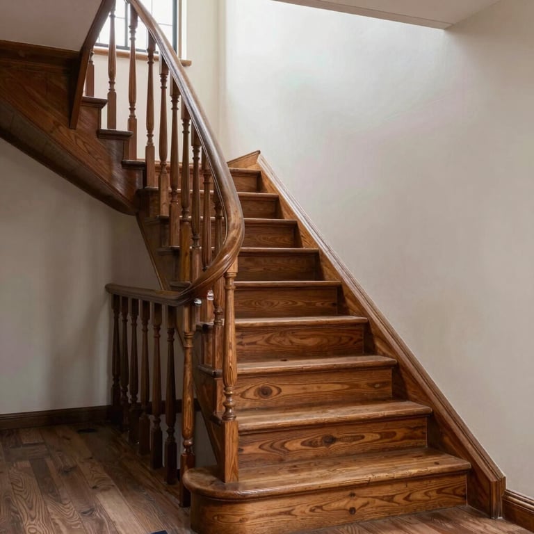 A renovated wooden staircase in a historic Amsterdam canal house, highlighting expert craftsmanship.