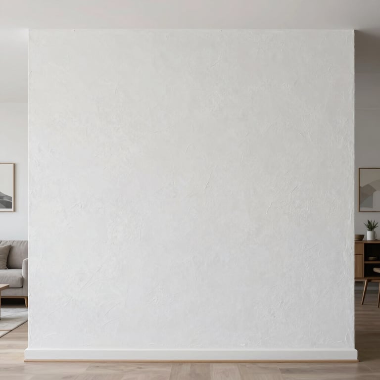 A perfectly finished white stucco wall in a bright living room with minimalist decor.