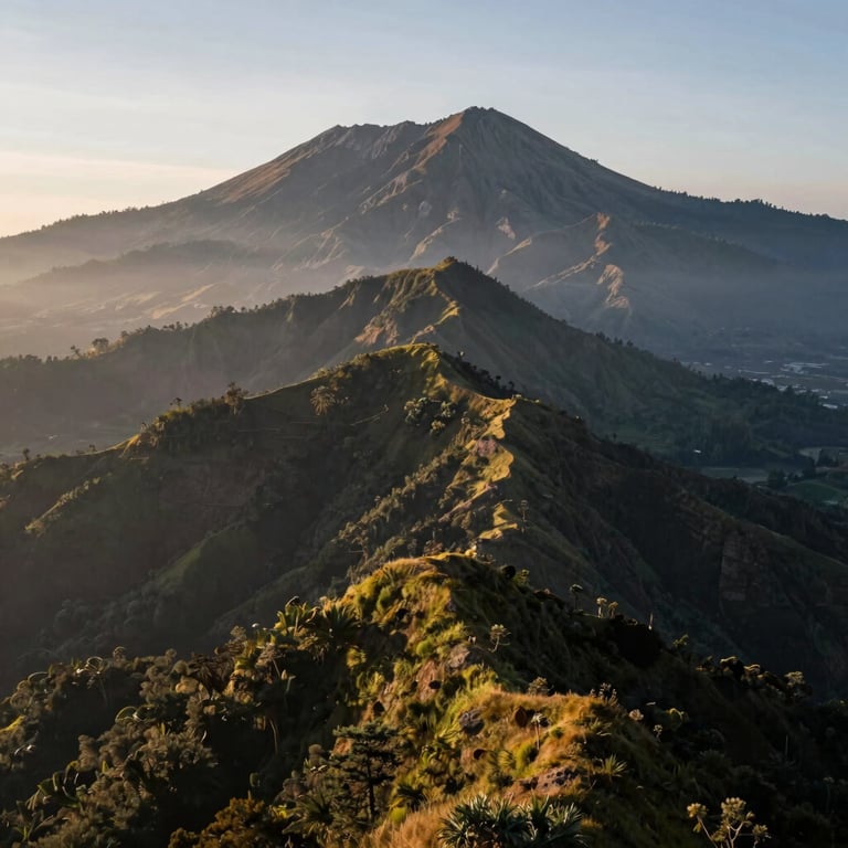 A serene and majestic landscape of an Indonesian mountain range at dawn, symbolizing growth and high aspirations.