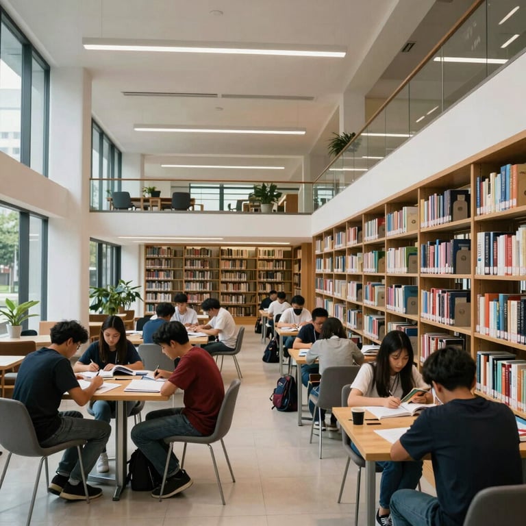 A wide shot of a modern, eco-friendly university library in Southeast Asia with students engaged in collaborative study.