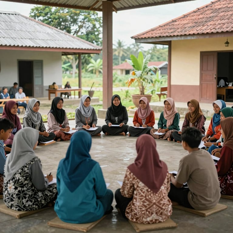 An inspiring scene of a community education workshop in a rural Indonesian setting with vibrant, clean lighting.