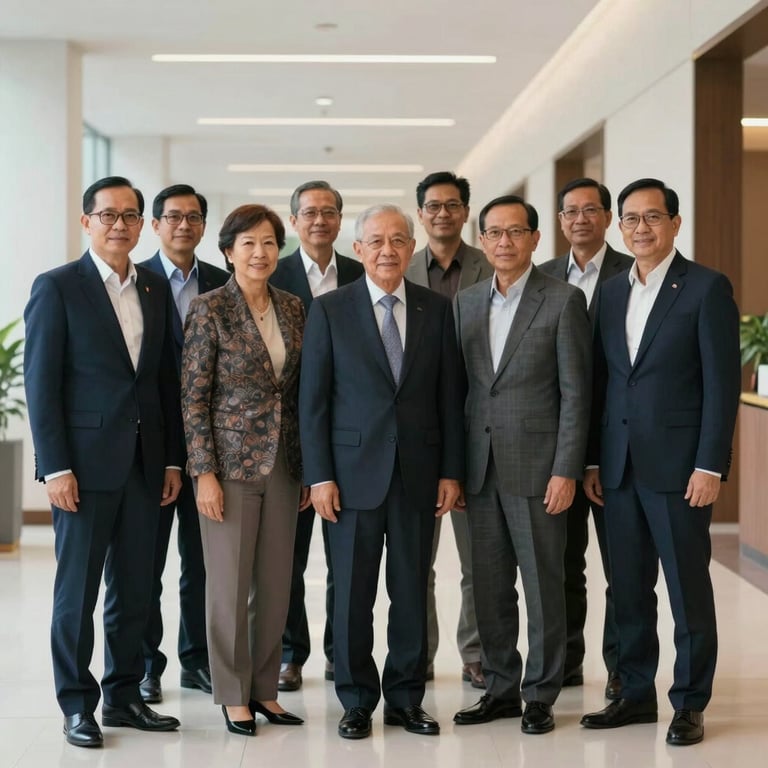 Professional portrait of a diverse group of Southeast Asian leaders standing together in a clean, modern hallway.