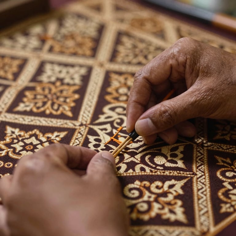 A close-up of intricate Indonesian batik craftsmanship in progress, focused on the steady hands of an artisan, warm lighting.