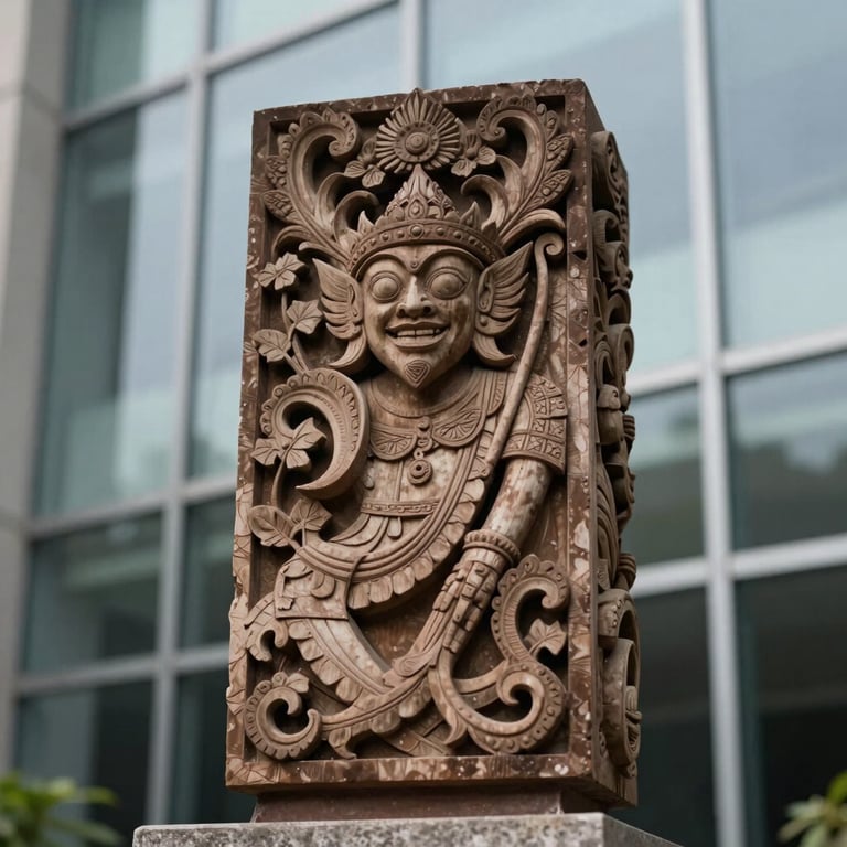 Detailed macro shot of a traditional Indonesian carving set against a blurred modern glass facade, representing heritage preservation.