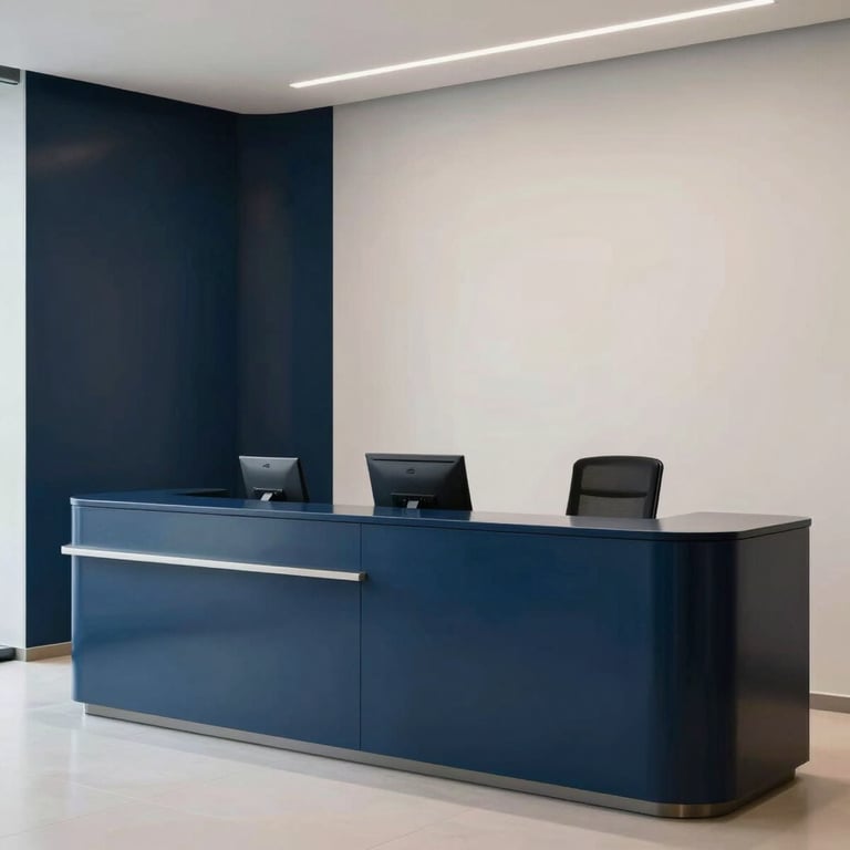 Modern European Portuguese law firm reception with a minimalist design in dark blue and off-white.