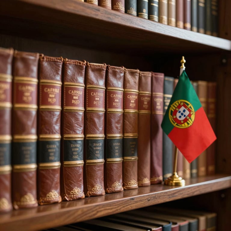 A tidy law library with leather-bound books and a small Portuguese flag on a shelf.