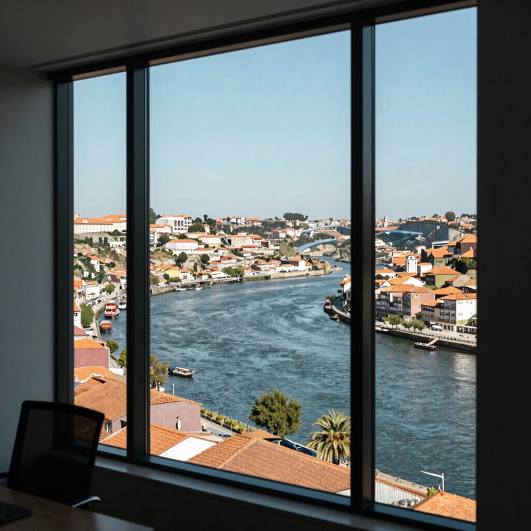A professional view of the Douro river from a modern office window in Portugal.