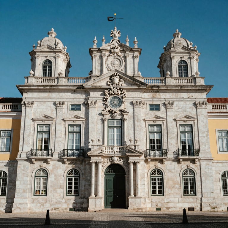 The historic architecture of a court building in Lisbon under a clear blue sky.