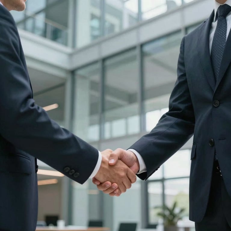 Two professionals in business attire shaking hands in a modern glass-walled office in Porto.
