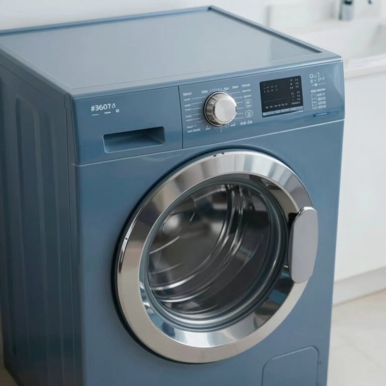 Modern industrial front-load washing machine, high-angle shot, professional lighting, corporate blue tones #3B607D.