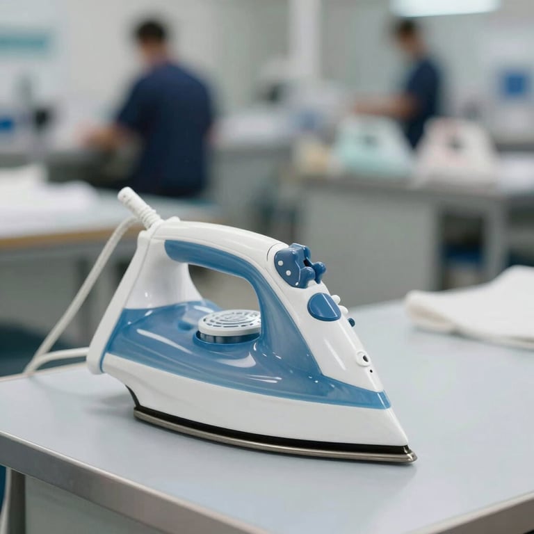 An industrial steam iron station in a professional garment facility, emphasizing precision and heat efficiency.