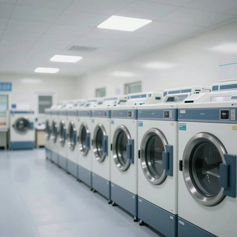Rows of professional laundry machines in a large hospital facility, highlighting scale and efficiency.