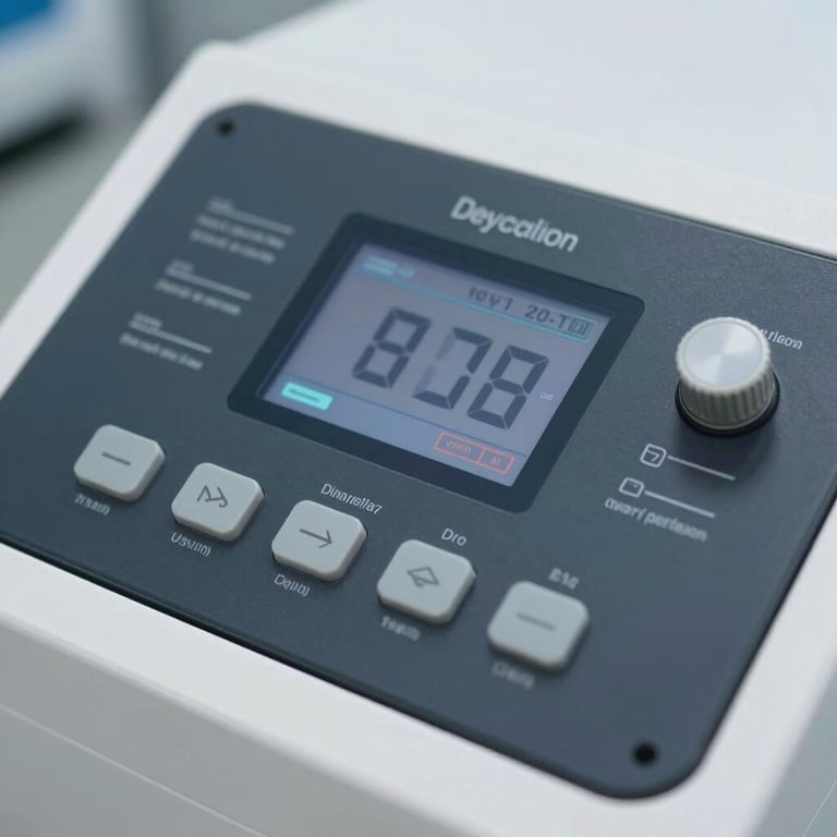 Close-up of a high-tech digital control panel on a dry-cleaning machine, showcasing technical sophistication.