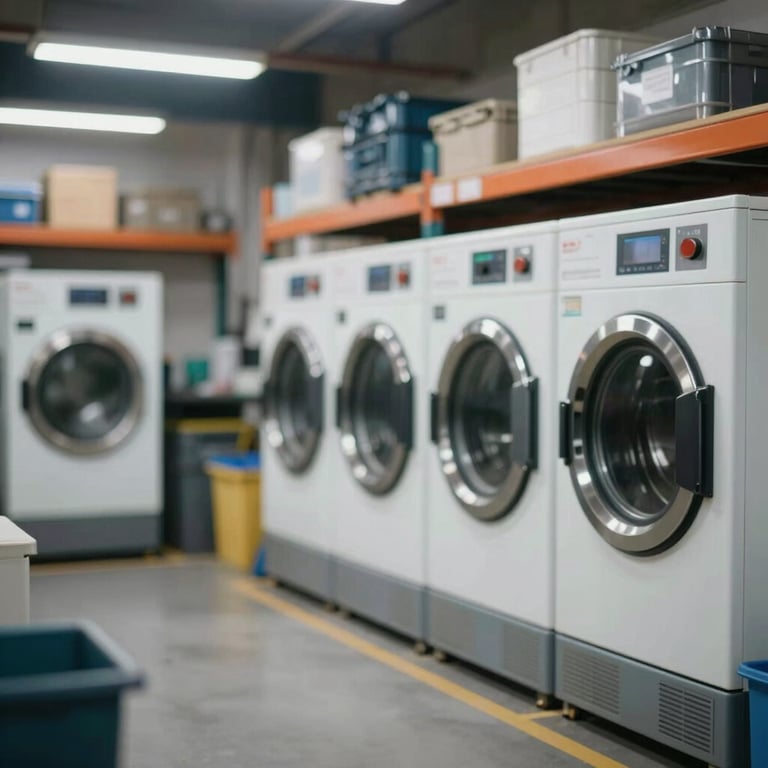 A neatly organized maintenance workshop in Mumbai with spare parts for industrial laundry equipment.