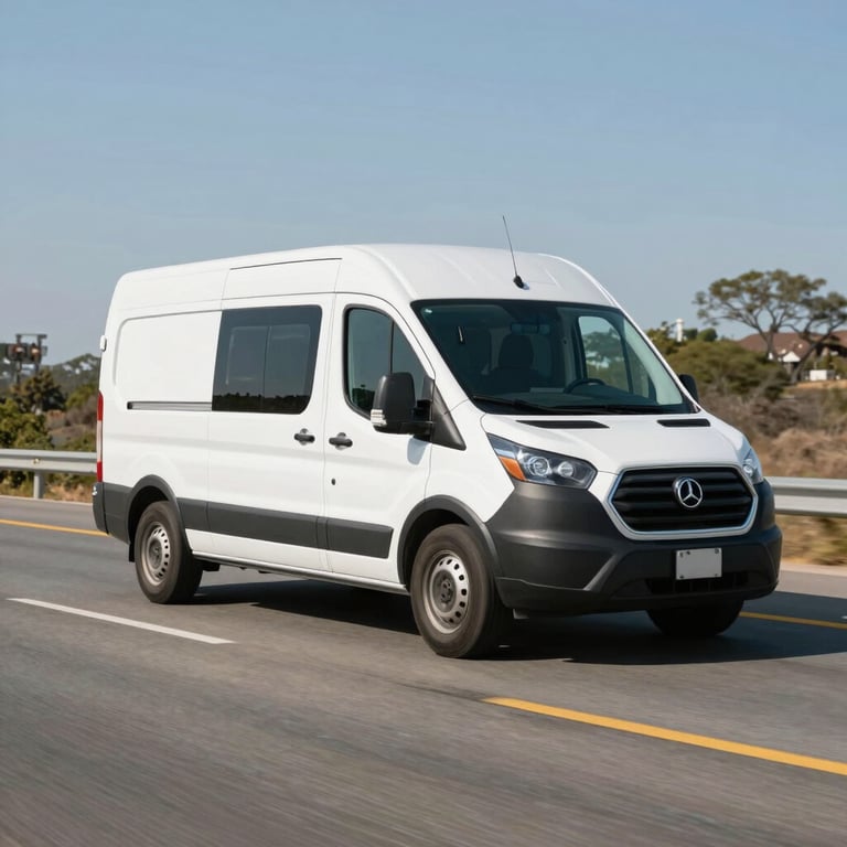 A clean, branded mobile service van driving on a sun-drenched North American highway.