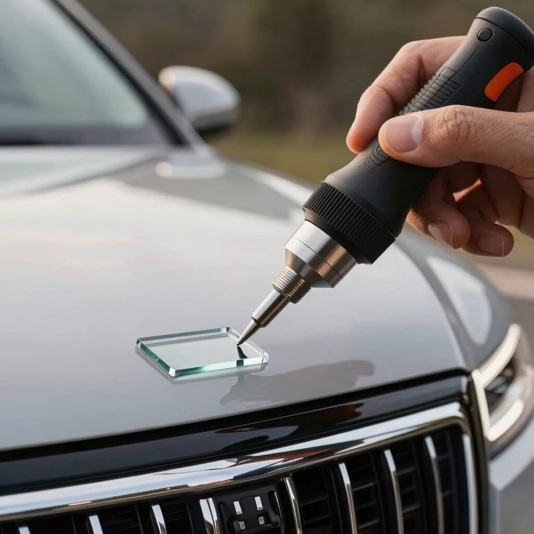 Close-up of a high-tech glass repair tool being used on a luxury SUV, emphasizing precision and quality.