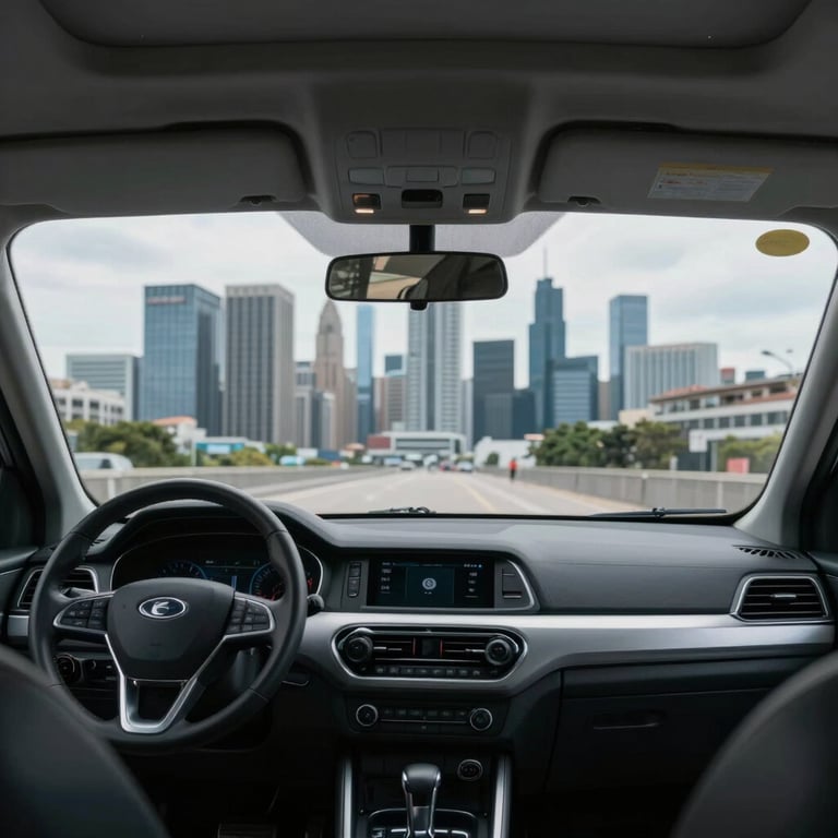 Inside view of a car with a perfectly replaced windshield looking out at a modern city skyline.