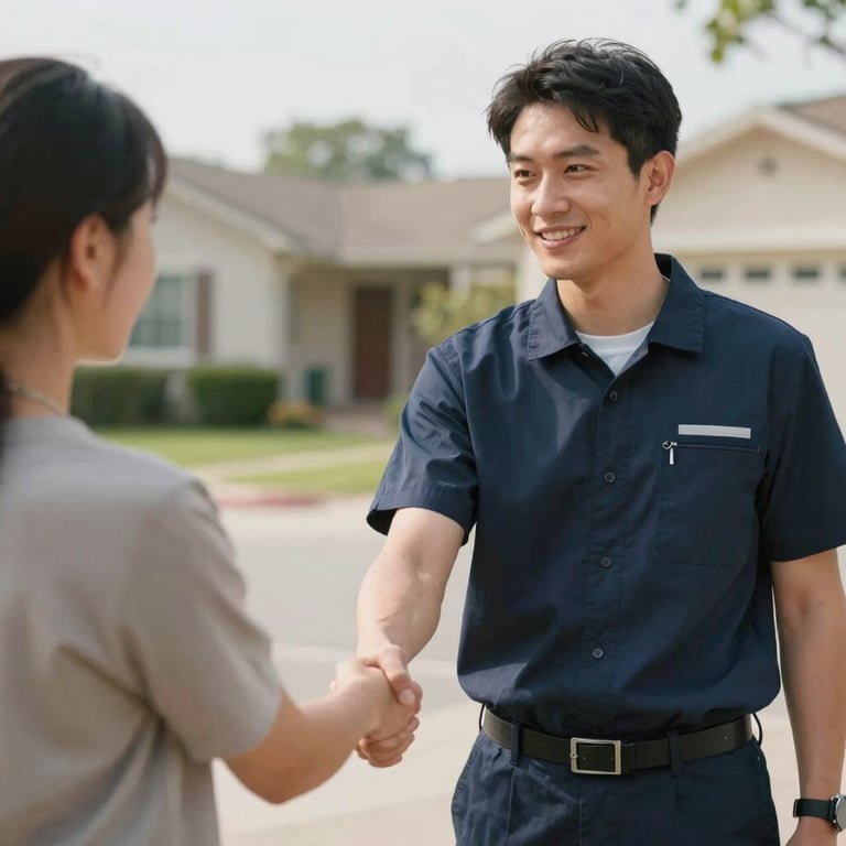 Technician in professional attire shaking hands with a customer in a suburban US setting, conveying trust.