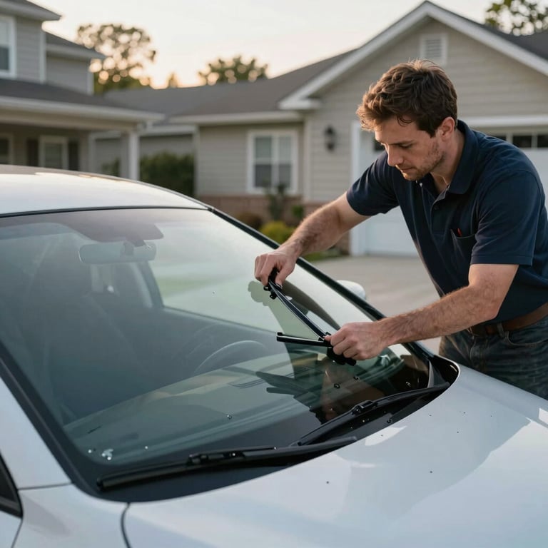 A technician carefully placing a new windshield on a vehicle in a North American residential driveway, morning light.