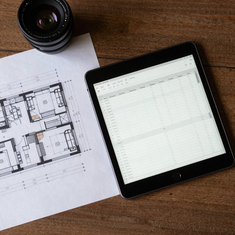 Top-down structured desk layout showing a physical architectural drawing next to a digital tablet displaying a complex spreadsheet under crisp studio light.