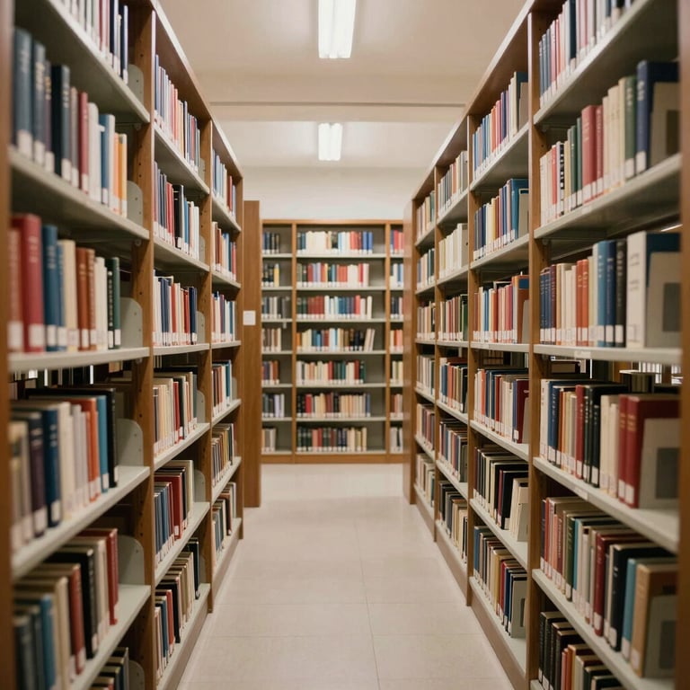 Interior of a modern law library with bookshelves and soft off-white lighting in a South American / Brazilian setting.