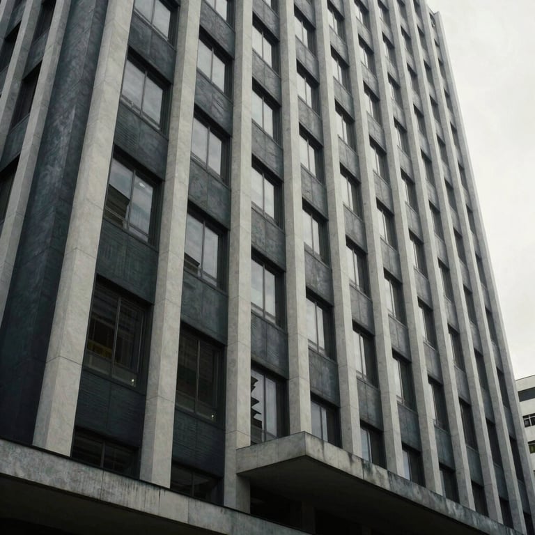 Modern architectural exterior of a business building in a South American / Brazilian city, using dark slate grey and light grey tones.