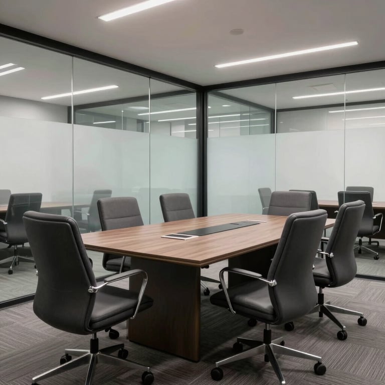 Meeting room in a South American / Brazilian office with clean glass partitions and medium-dark grey furniture.