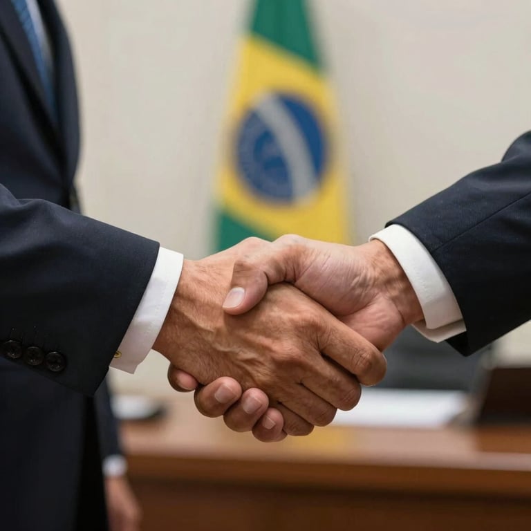 Close-up of a professional handshake between two people in formal attire in a South American / Brazilian legal office.